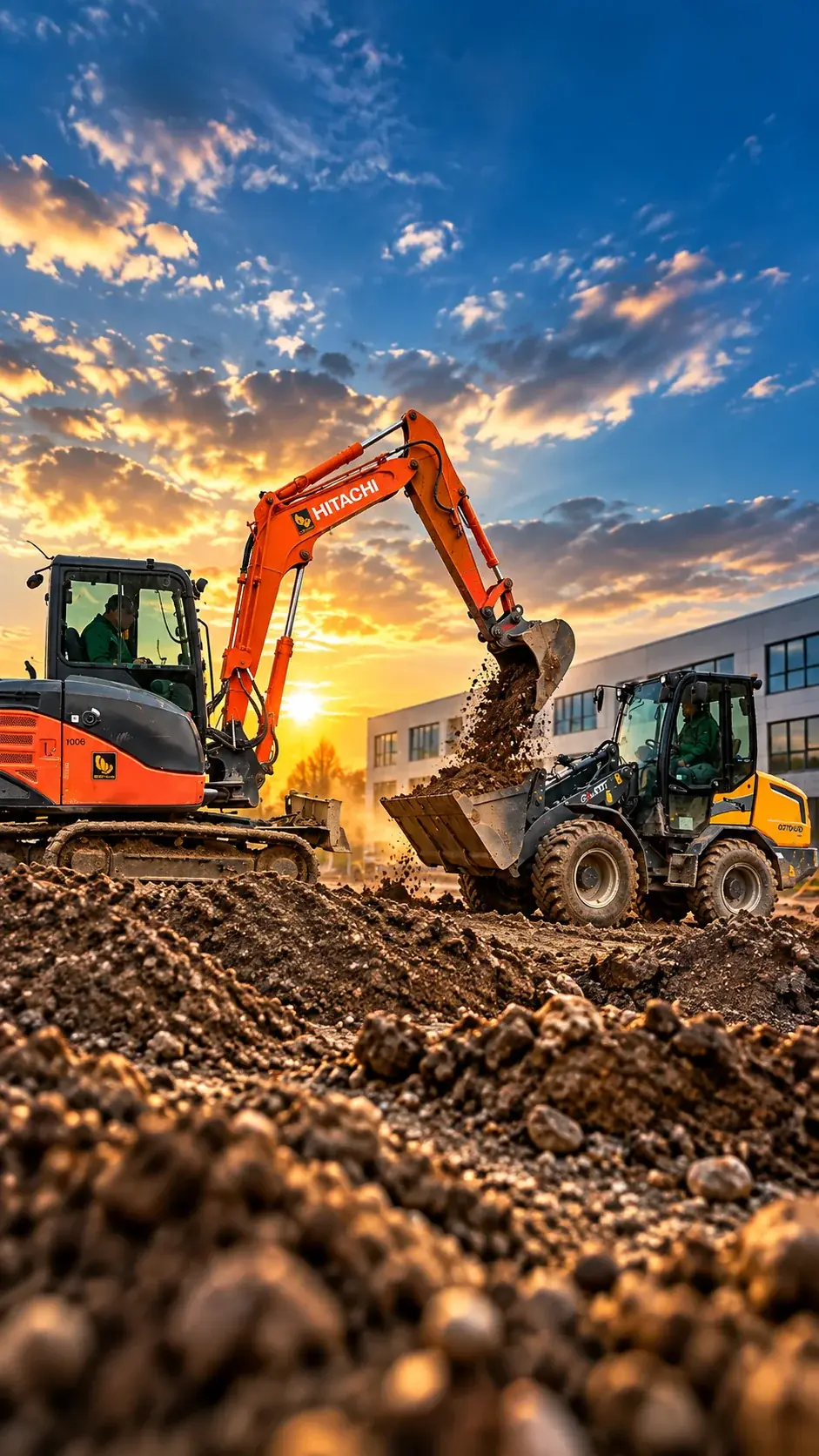 Bagger und Radlader bei Erdarbeiten im Abendlicht